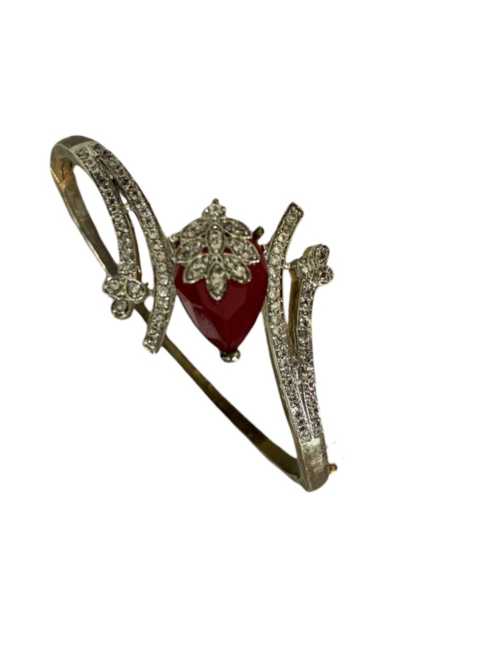 Women's Gold Tone Red Strawberry Stone Crystal Pave Hinged Bangle Bracelet